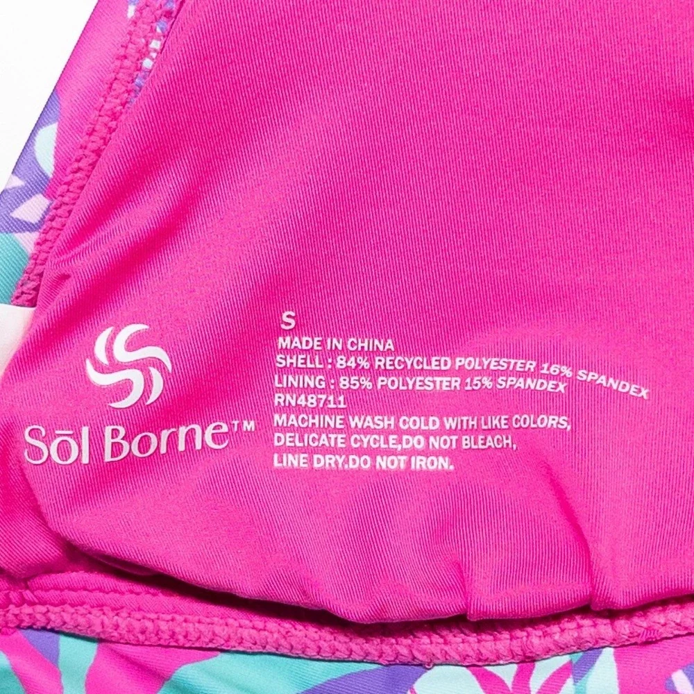 Sol Borne Womens Bikini Top Small Pink Tropical Leaf Zebra Print Halter Tie Back